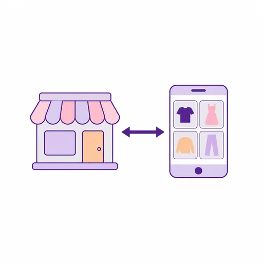 店舗の正面とスマートフォンの商品画面